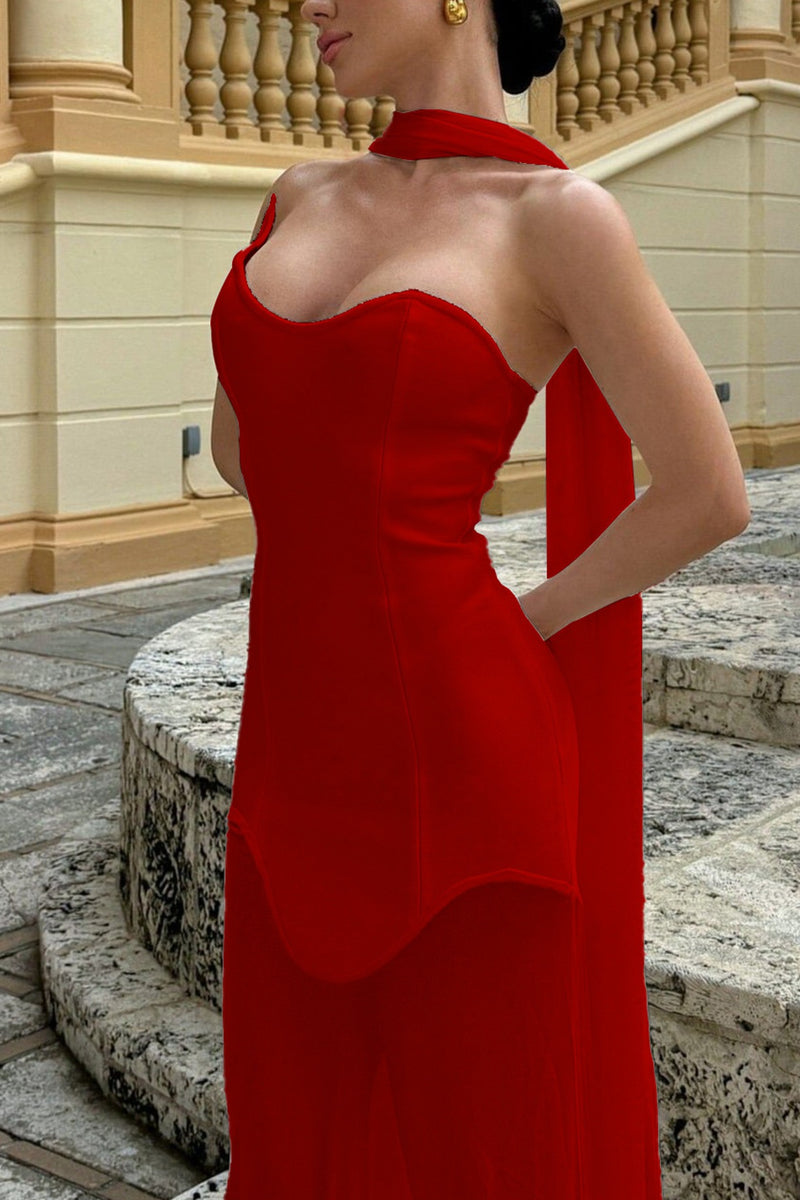Draped Tie Sexy Mesh Patch Tube Prom Dress