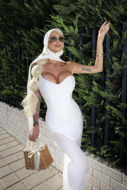 Draped Tie Sexy Mesh Patch Tube Prom Dress