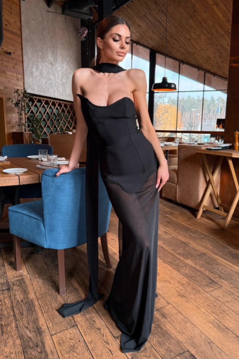 Draped Tie Sexy Mesh Patch Tube Prom Dress