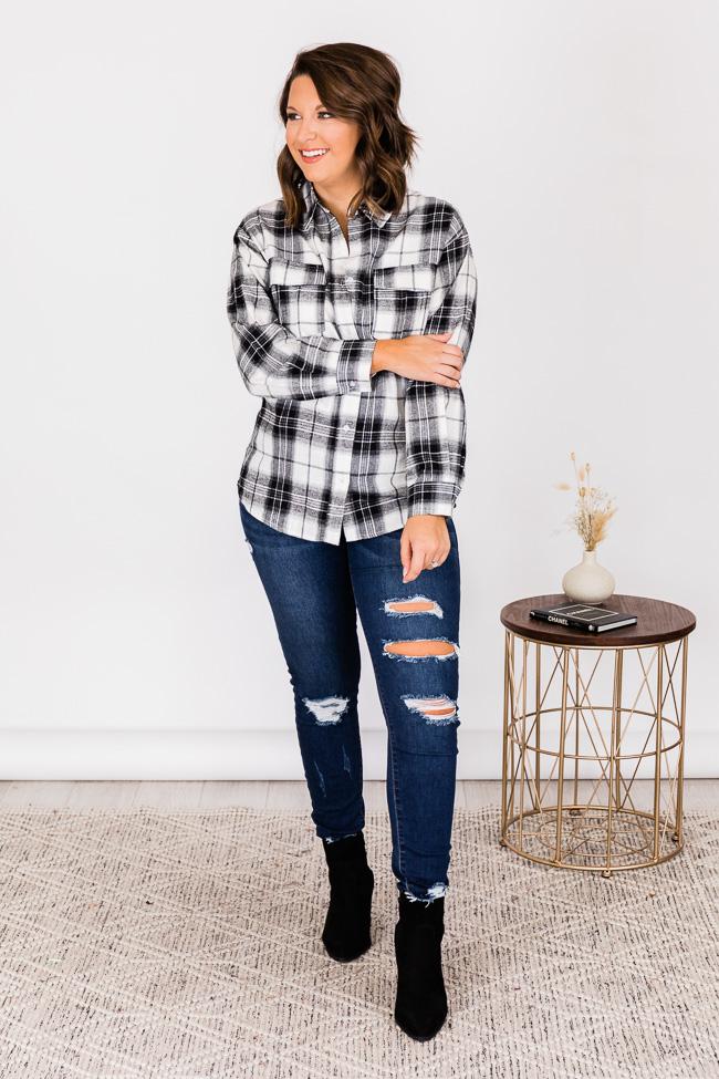 Dreaming Again Ivory/Black Plaid Blouse