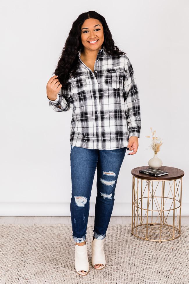 Dreaming Again Ivory/Black Plaid Blouse