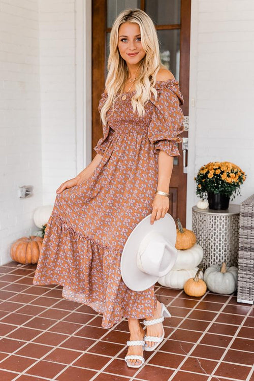 Early Sunrise Rust Off The Shoulder Maxi Dress FINAL SALE