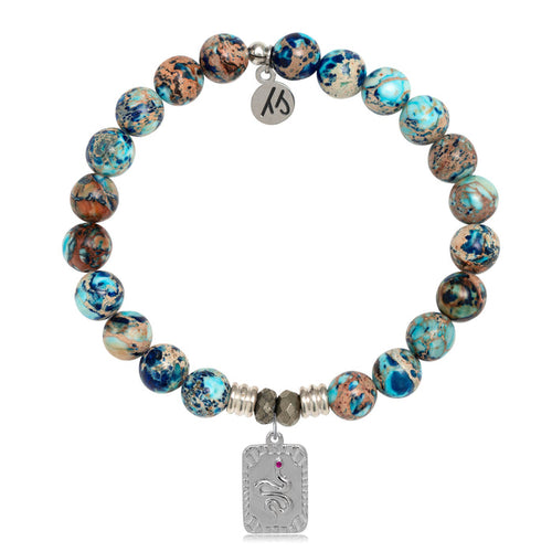 Earth Jasper Stone Bracelet with Snake Sterling Silver Charm