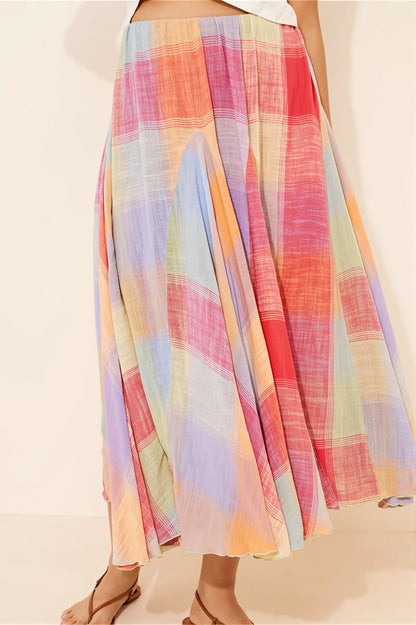 Elastic Waist Colorful Plaid Flared Maxi Skirt