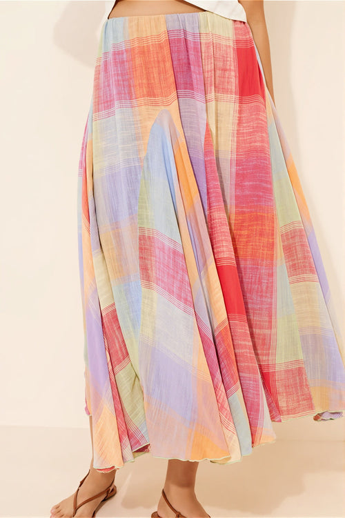 Elastic Waist Colorful Plaid Flared Maxi Skirt