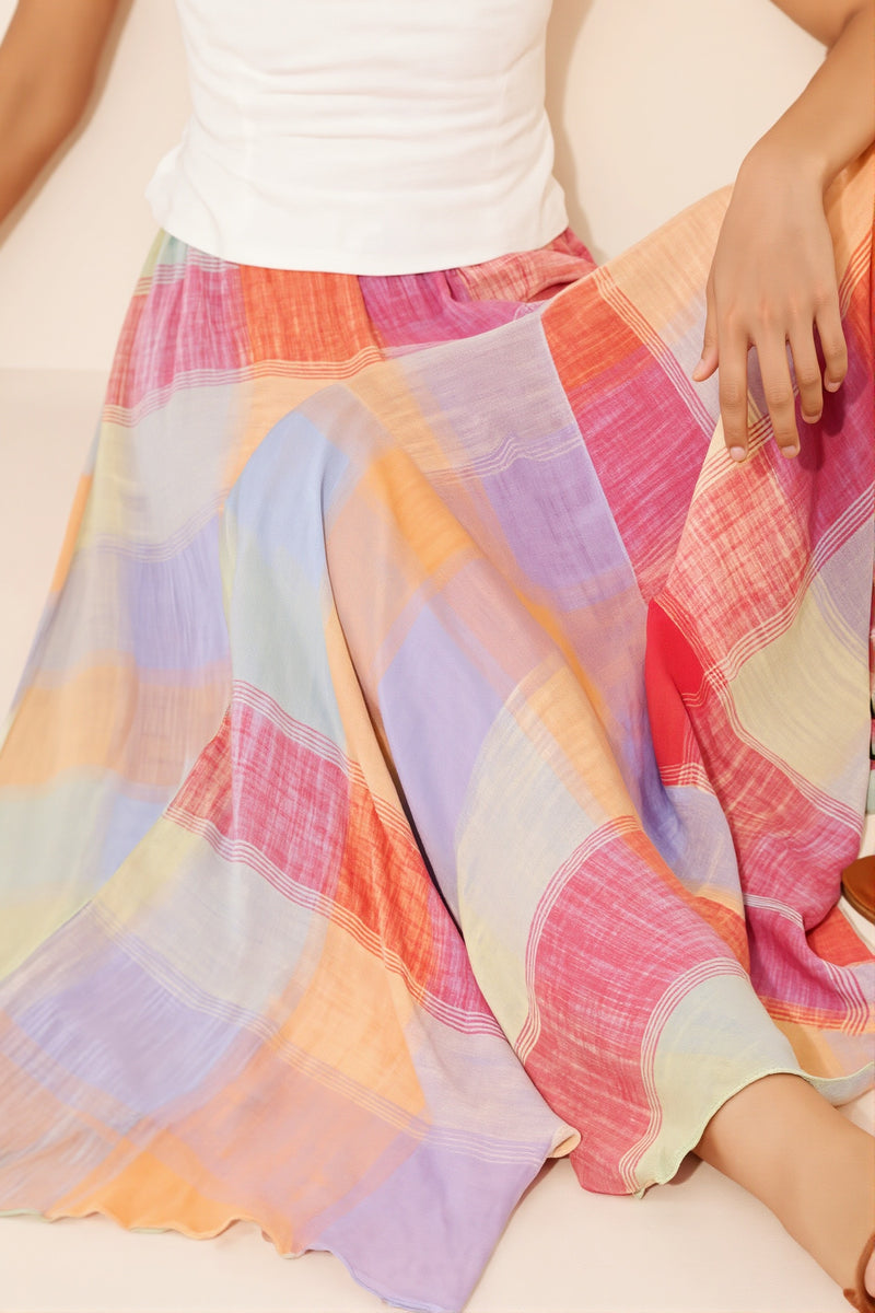 Elastic Waist Colorful Plaid Flared Maxi Skirt