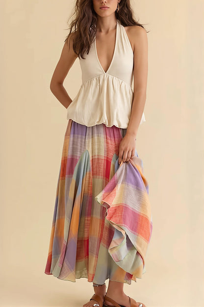 Elastic Waist Colorful Plaid Flared Maxi Skirt