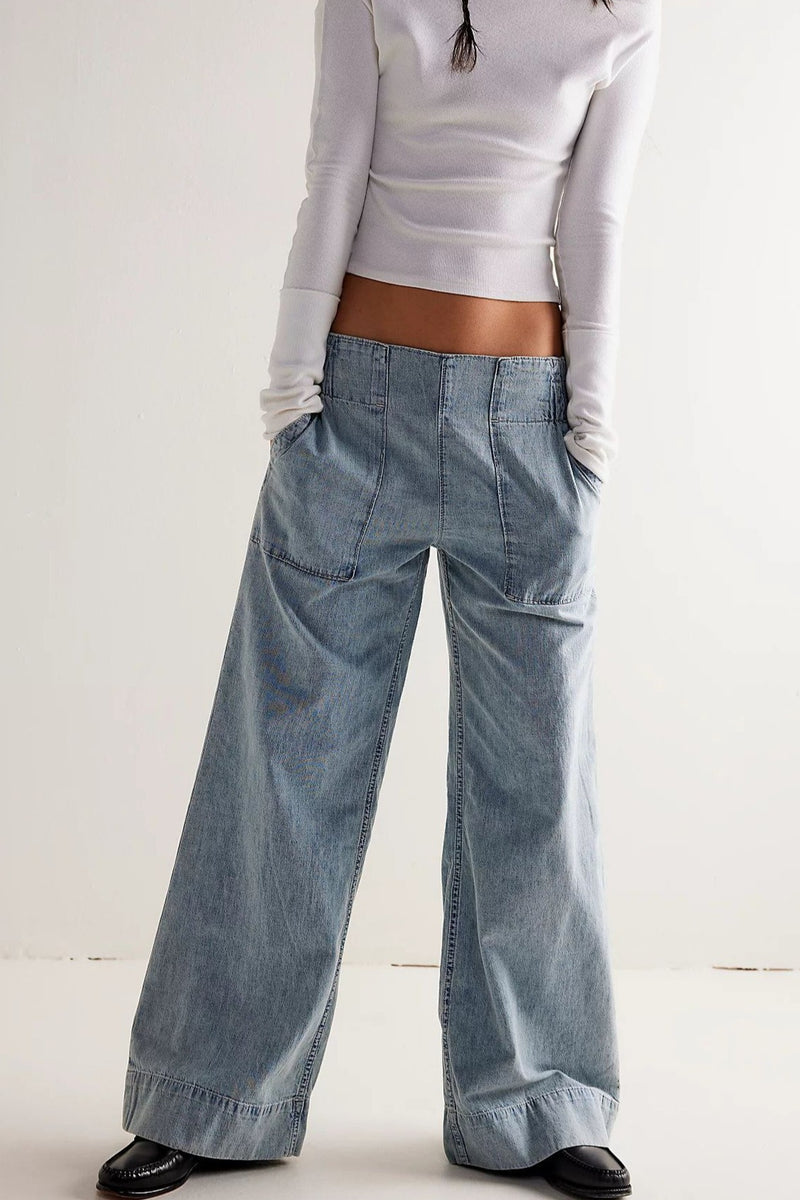 Elastic Waist Mid Rise Ruched Loose Wide Leg Jeans