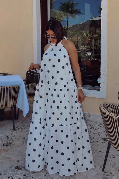 Elegant African Polka Dot Patchwork Halter Neck Swing Maxi Dress