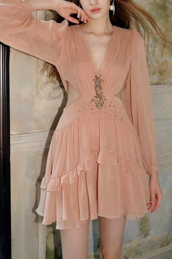 Elegant Deep V Cut Out Waist Rhinestone Chiffon Mini Dress