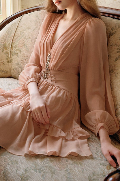 Elegant Deep V Cut Out Waist Rhinestone Chiffon Mini Dress