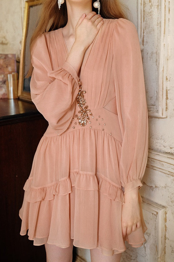 Elegant Deep V Cut Out Waist Rhinestone Chiffon Mini Dress