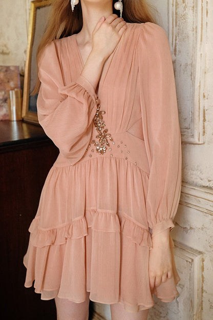 Elegant Deep V Cut Out Waist Rhinestone Chiffon Mini Dress