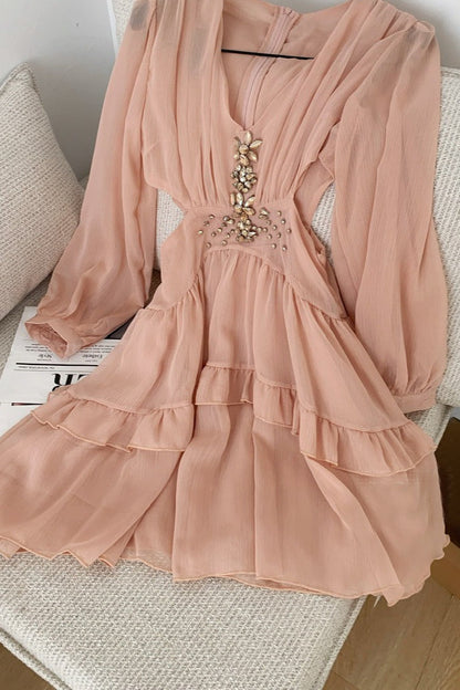 Elegant Deep V Cut Out Waist Rhinestone Chiffon Mini Dress