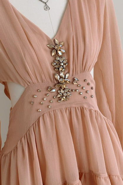 Elegant Deep V Cut Out Waist Rhinestone Chiffon Mini Dress