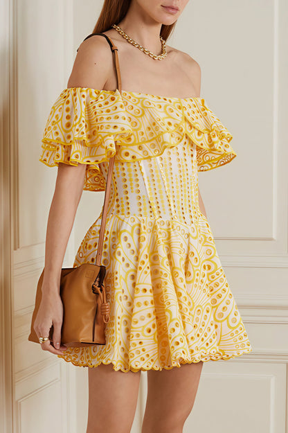 Elegant Designer Embroidery Hollow Out Cutout Waist Cinched Mini Dress