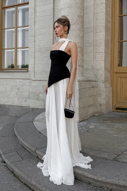 Elegant Flared Wavy Trim Color Block Maxi Dress