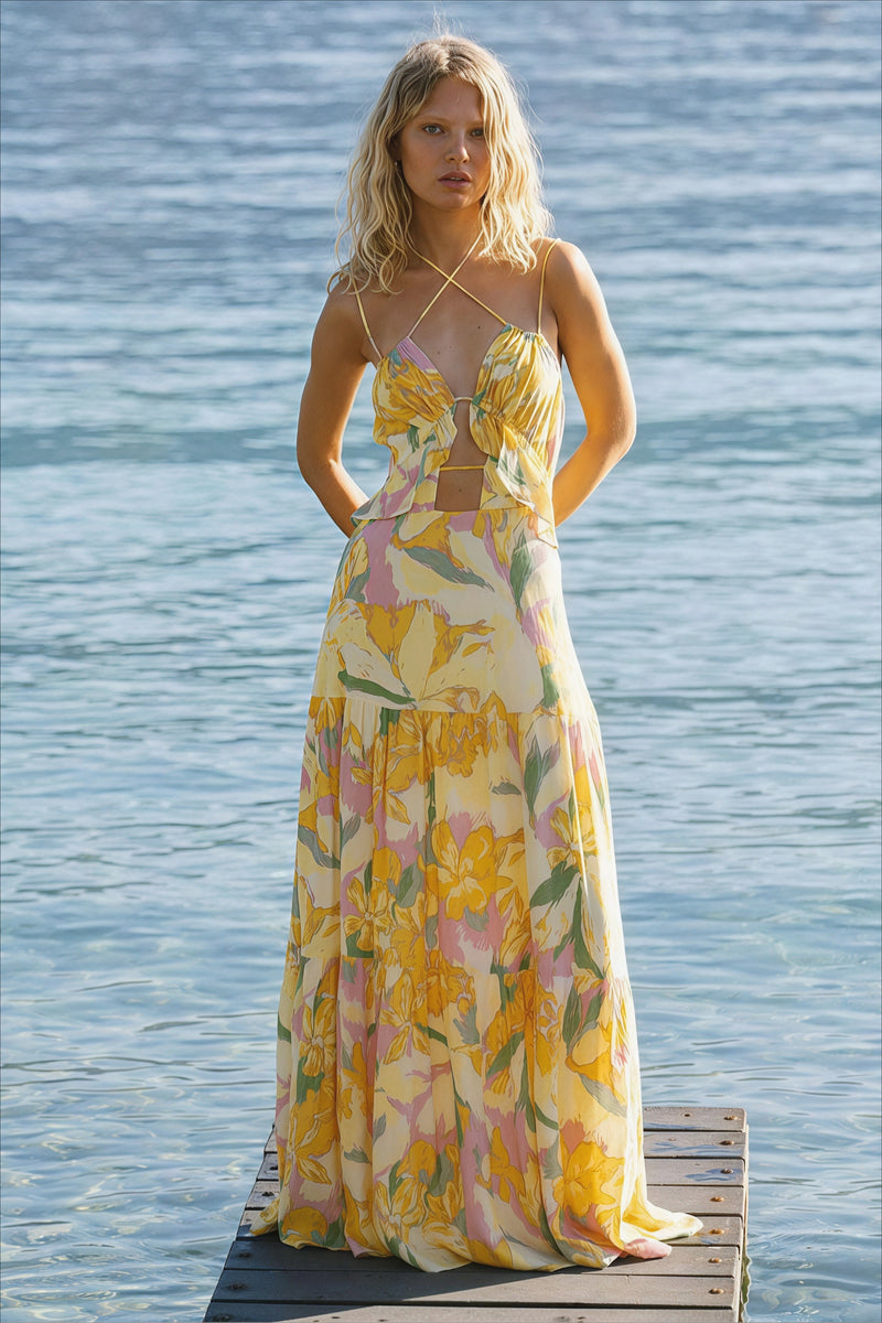 Elegant Floral Beach Maxi Vacation Dress
