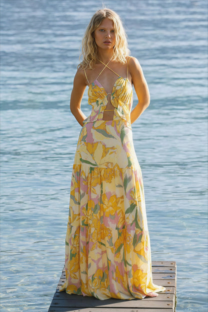 Elegant Floral Beach Maxi Vacation Dress