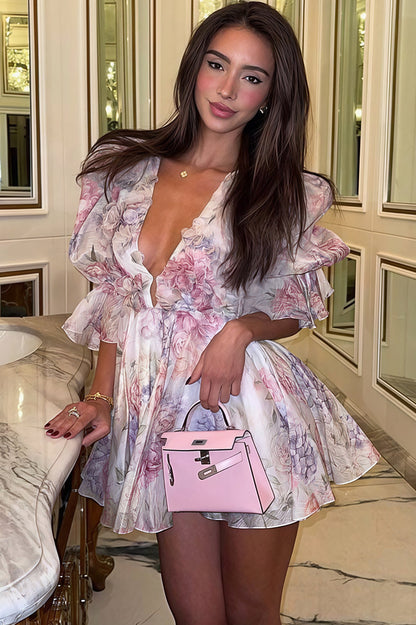 Elegant Floral Chiffon V Neck Mini Dress