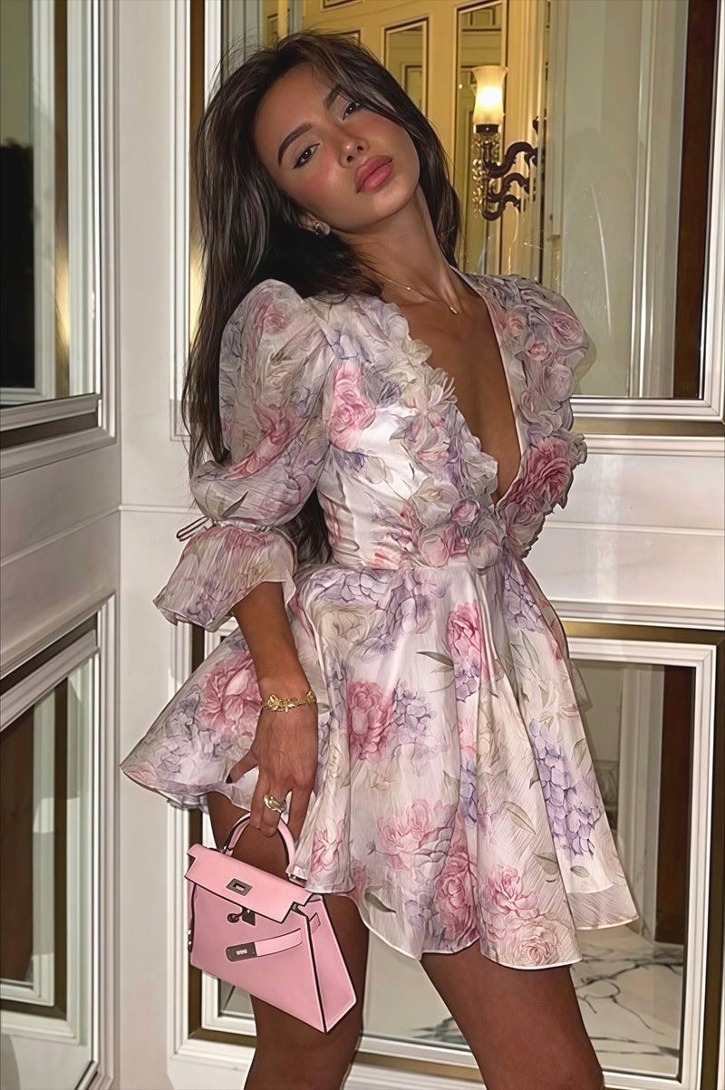 Elegant Floral Chiffon V Neck Mini Dress
