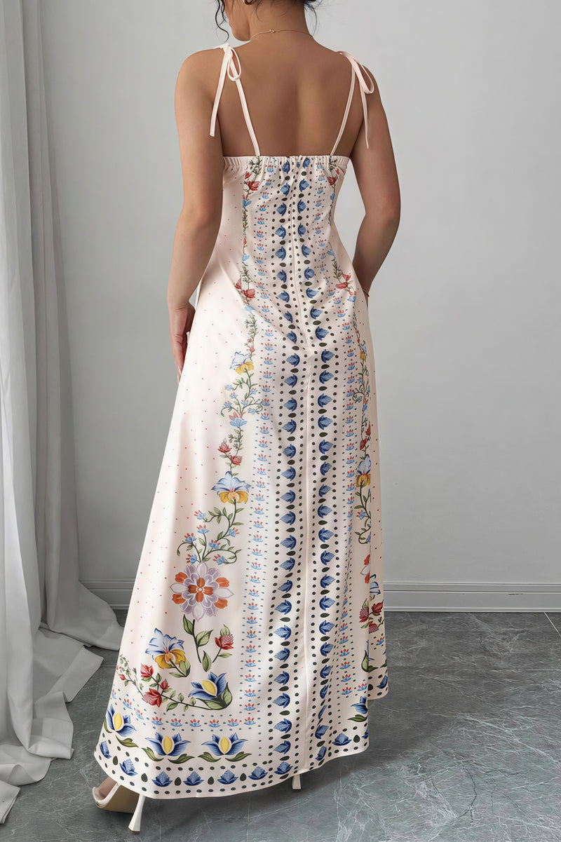 Elegant Floral Print Unique Spaghetti Strap Sleeveless Maxi Dress