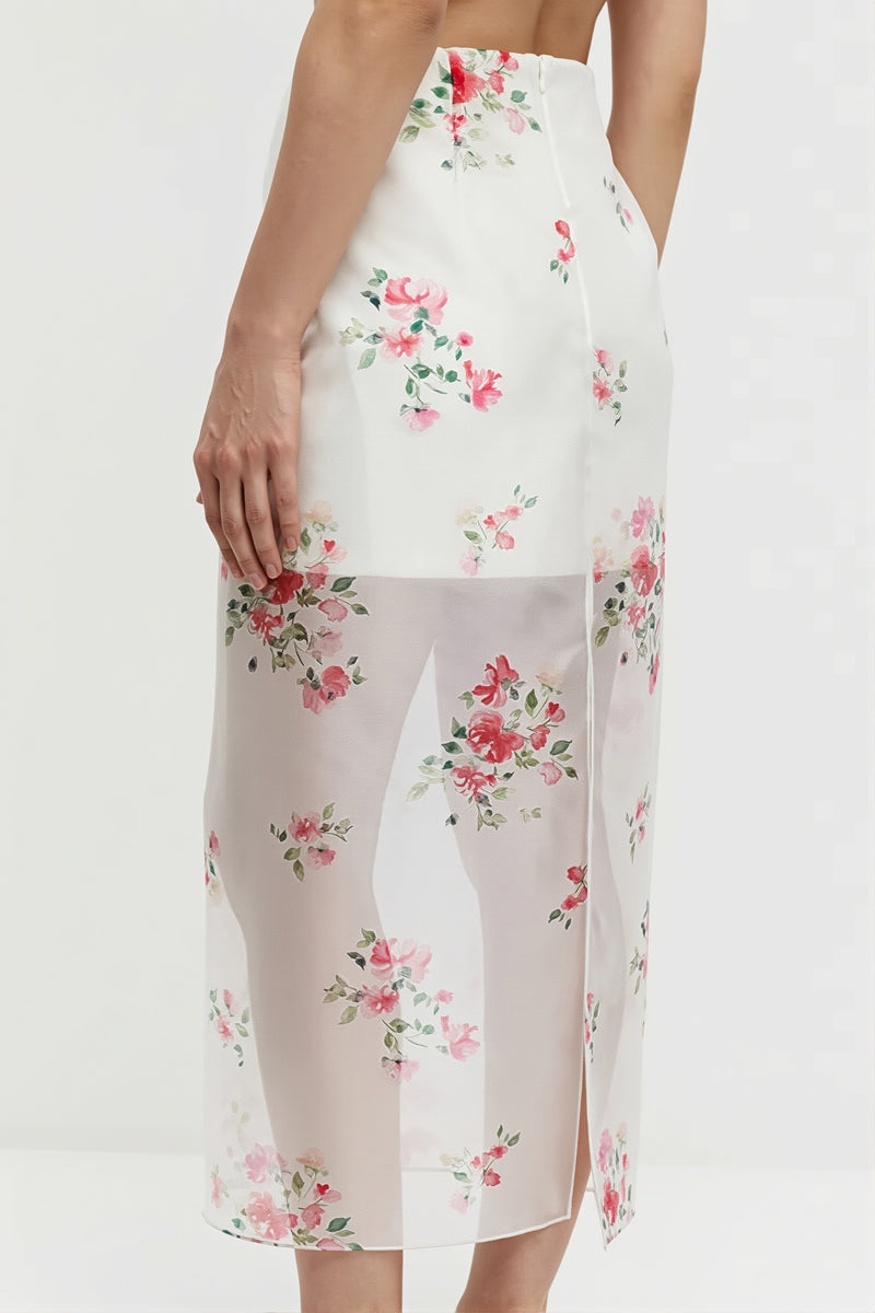 Elegant Floral See Through Split Skirt