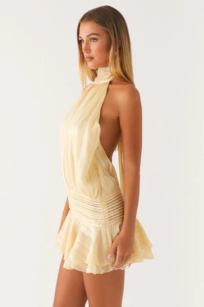 Elegant Halter Satin Jacquard Stripe Mini Dress