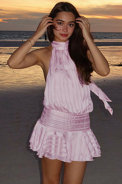Elegant Halter Satin Jacquard Stripe Mini Dress