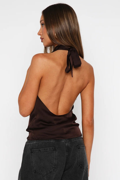 Elegant Hollow Solid Satin Halter Top