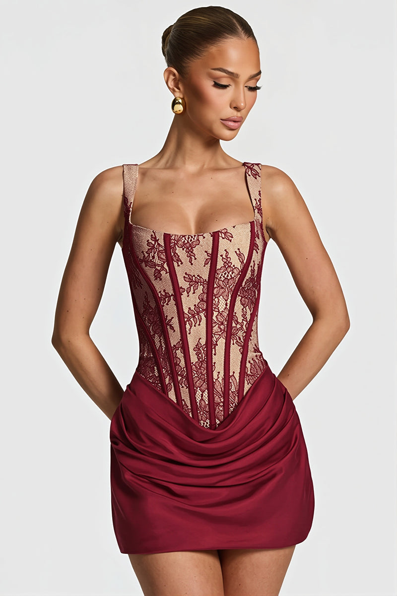 Elegant Lace Fishbone Ruched Mini Dress