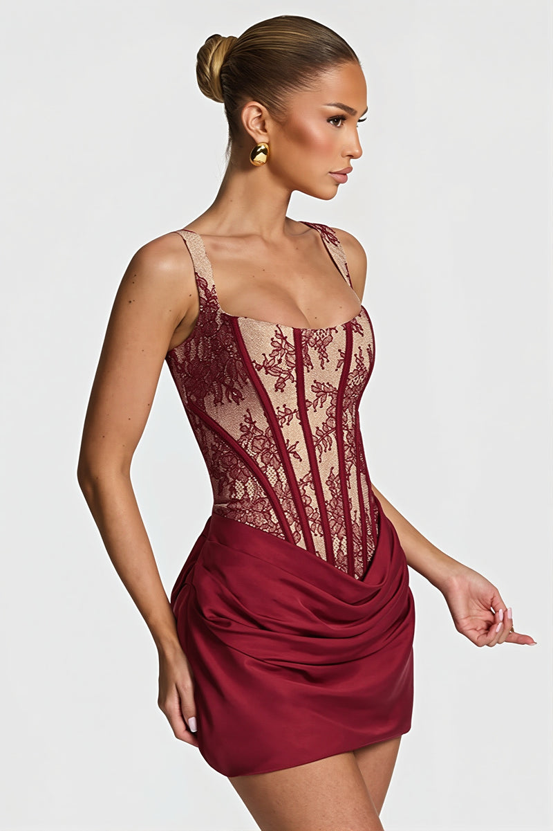 Elegant Lace Fishbone Ruched Mini Dress