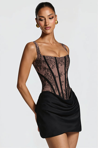 Elegant Lace Fishbone Ruched Mini Dress