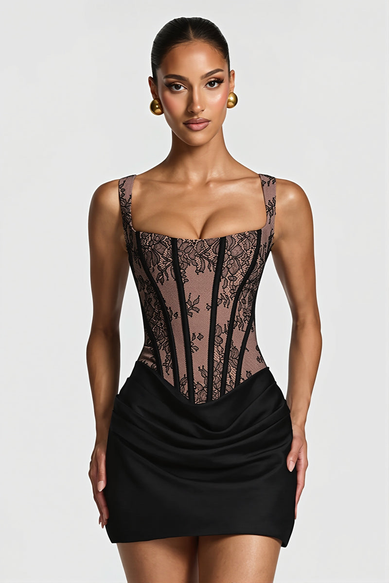 Elegant Lace Fishbone Ruched Mini Dress