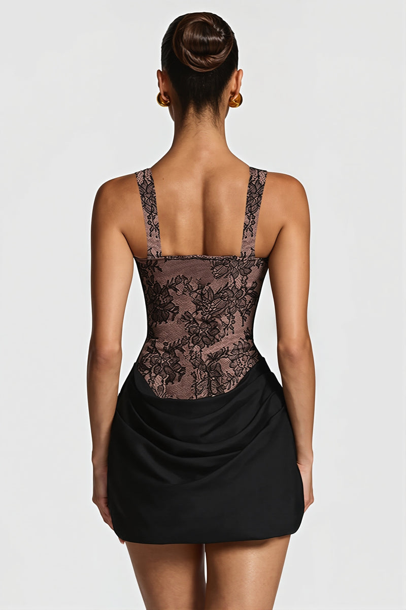 Elegant Lace Fishbone Ruched Mini Dress