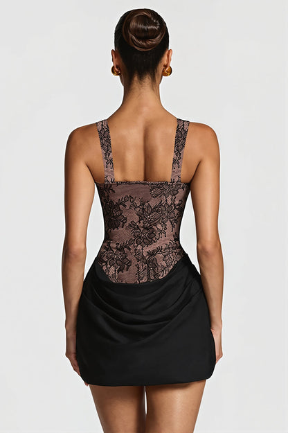 Elegant Lace Fishbone Ruched Mini Dress