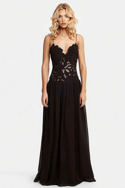 Elegant Lace Hollow Splice Chiffon Dress