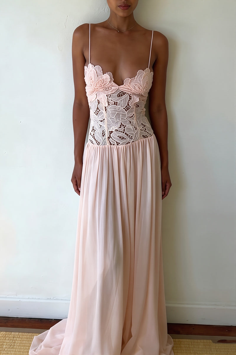 Elegant Lace Hollow Splice Chiffon Dress