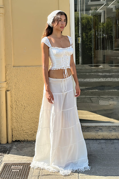 Elegant Lace Insert Square Neck Cami High Rise Skirt Sets
