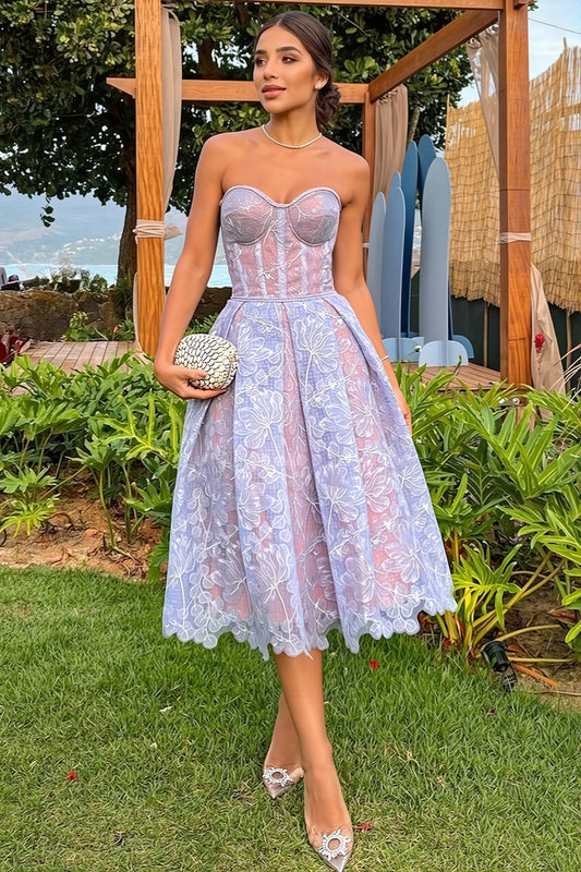 Elegant Lace Strapless Solid Midi Dress