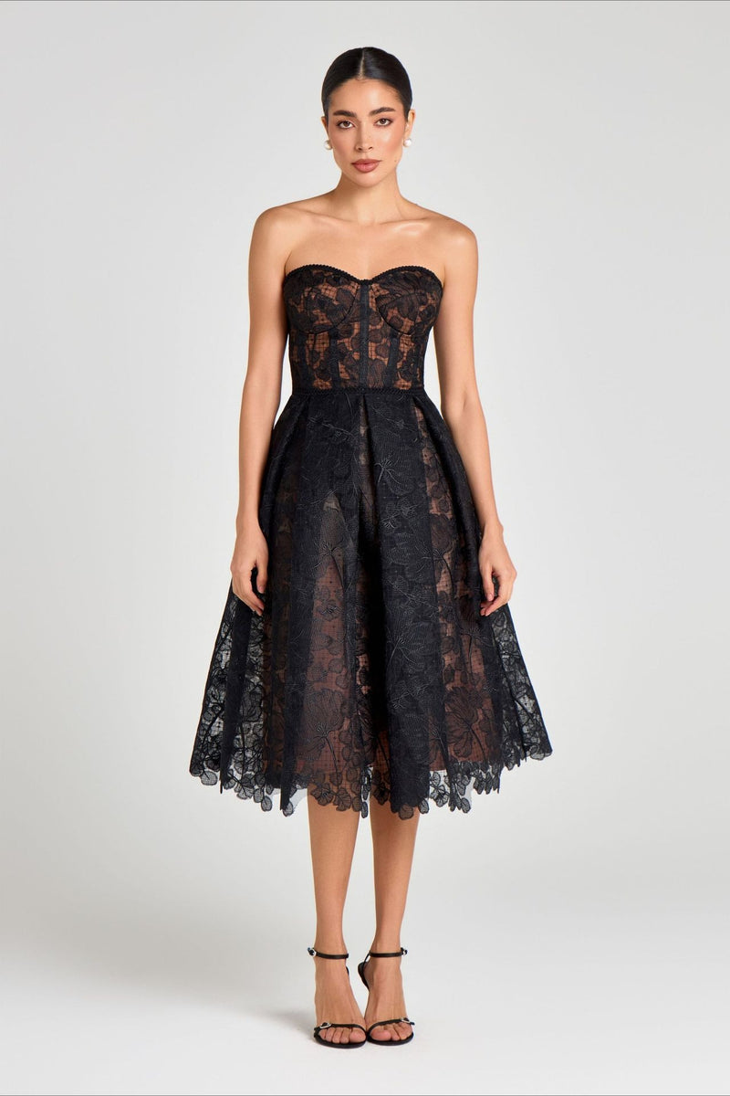 Elegant Lace Strapless Solid Midi Dress