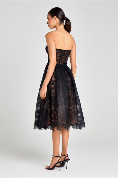 Elegant Lace Strapless Solid Midi Dress