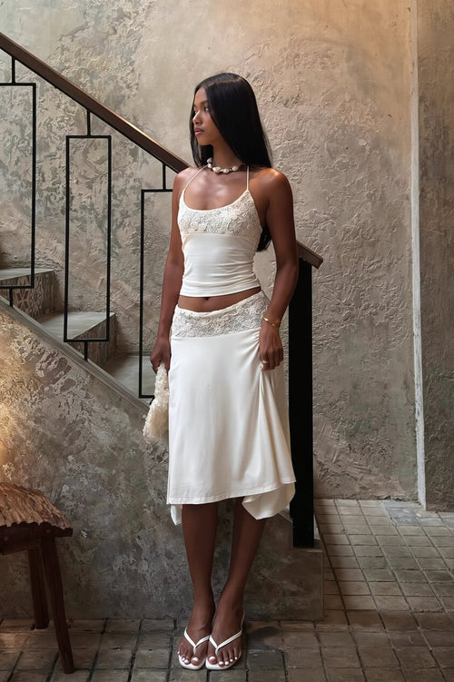Elegant Lace Trim Cami Top High Rise Asymmetric Skirt Sets