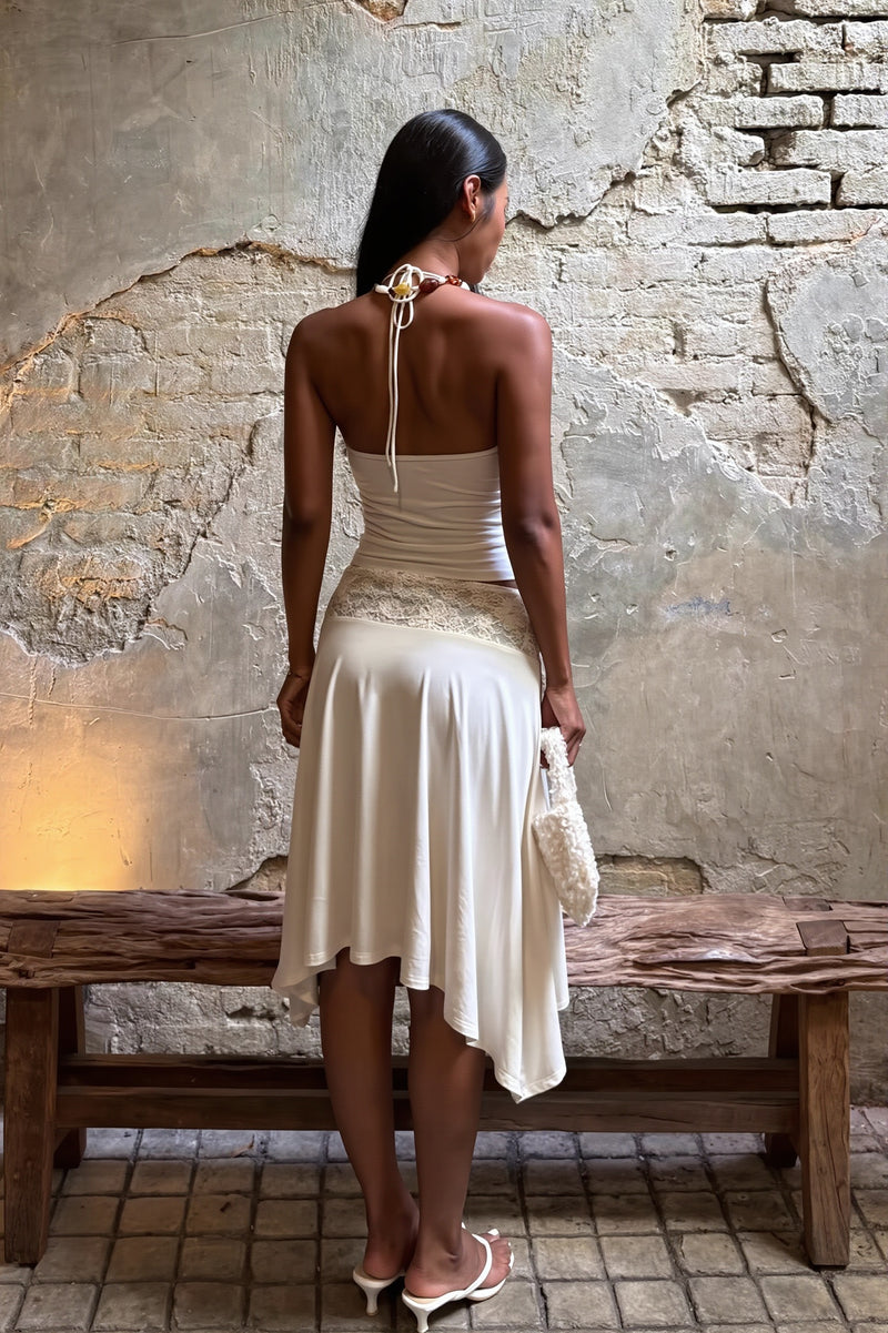 Elegant Lace Trim Cami Top High Rise Asymmetric Skirt Sets
