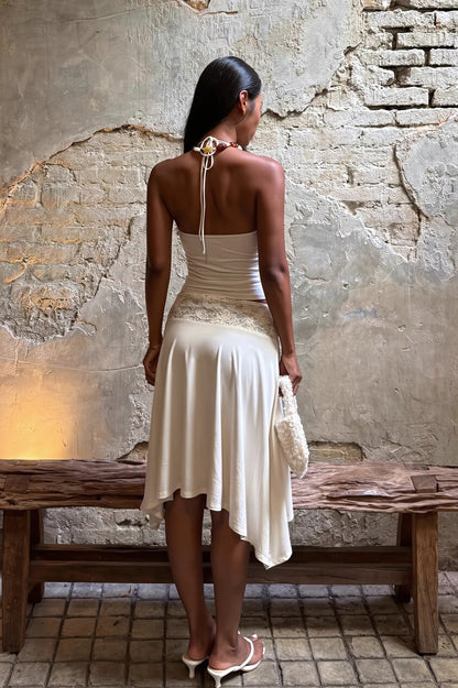 Elegant Lace Trim Cami Top High Rise Asymmetric Skirt Sets