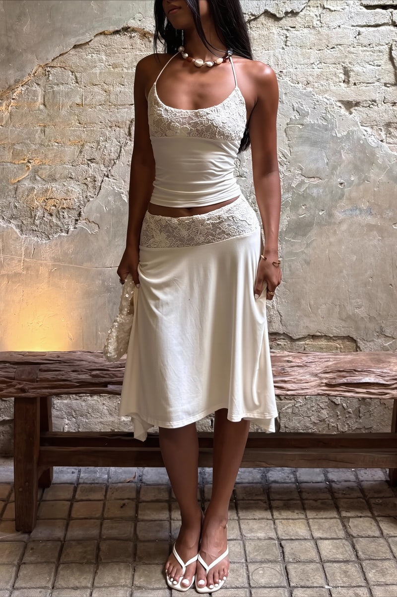 Elegant Lace Trim Cami Top High Rise Asymmetric Skirt Sets