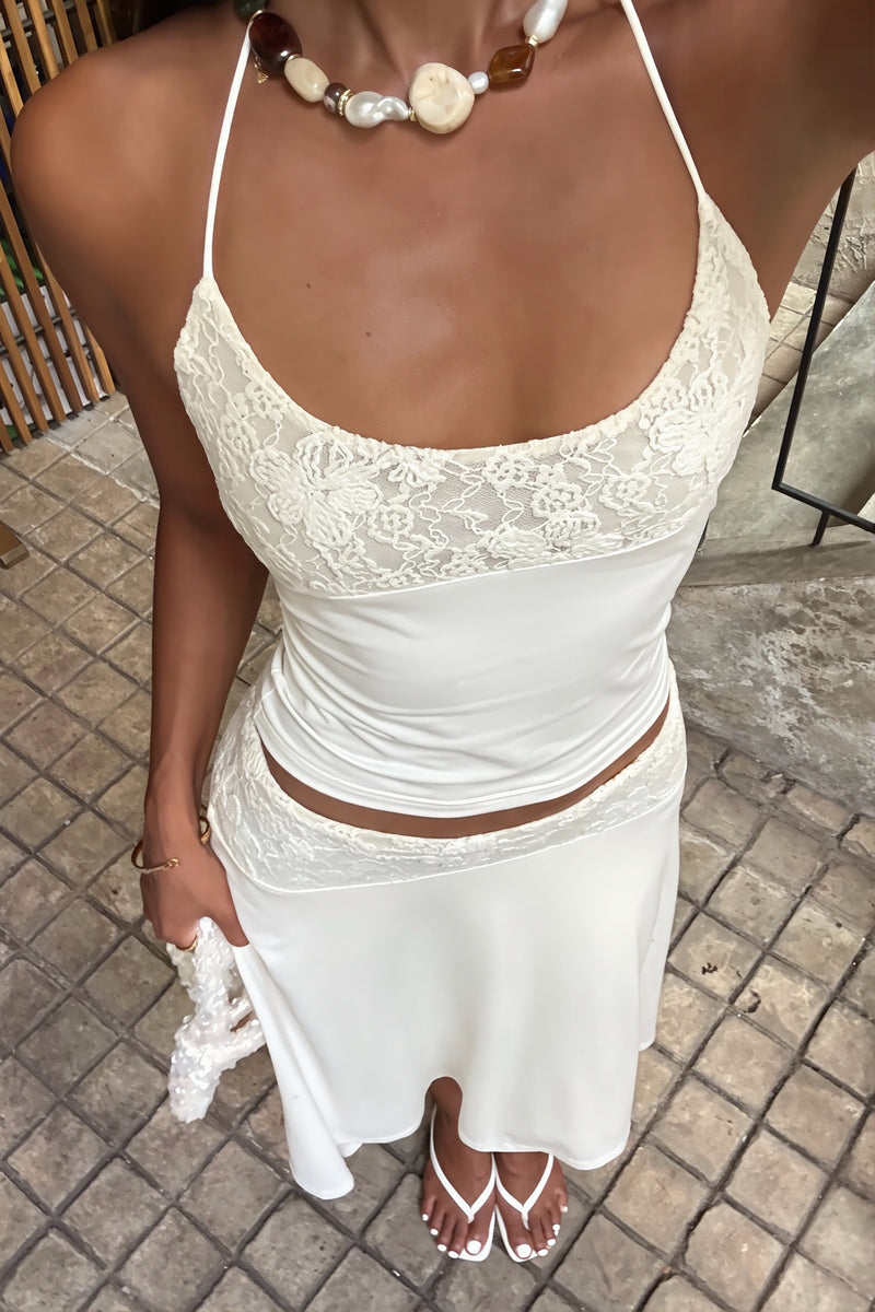 Elegant Lace Trim Cami Top High Rise Asymmetric Skirt Sets