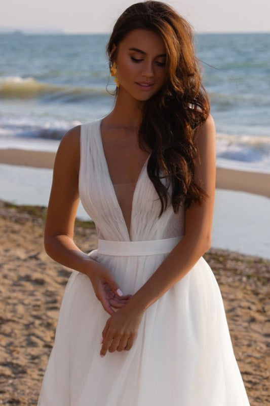 Elegant Minimalist Deep V Backless Reception Dress