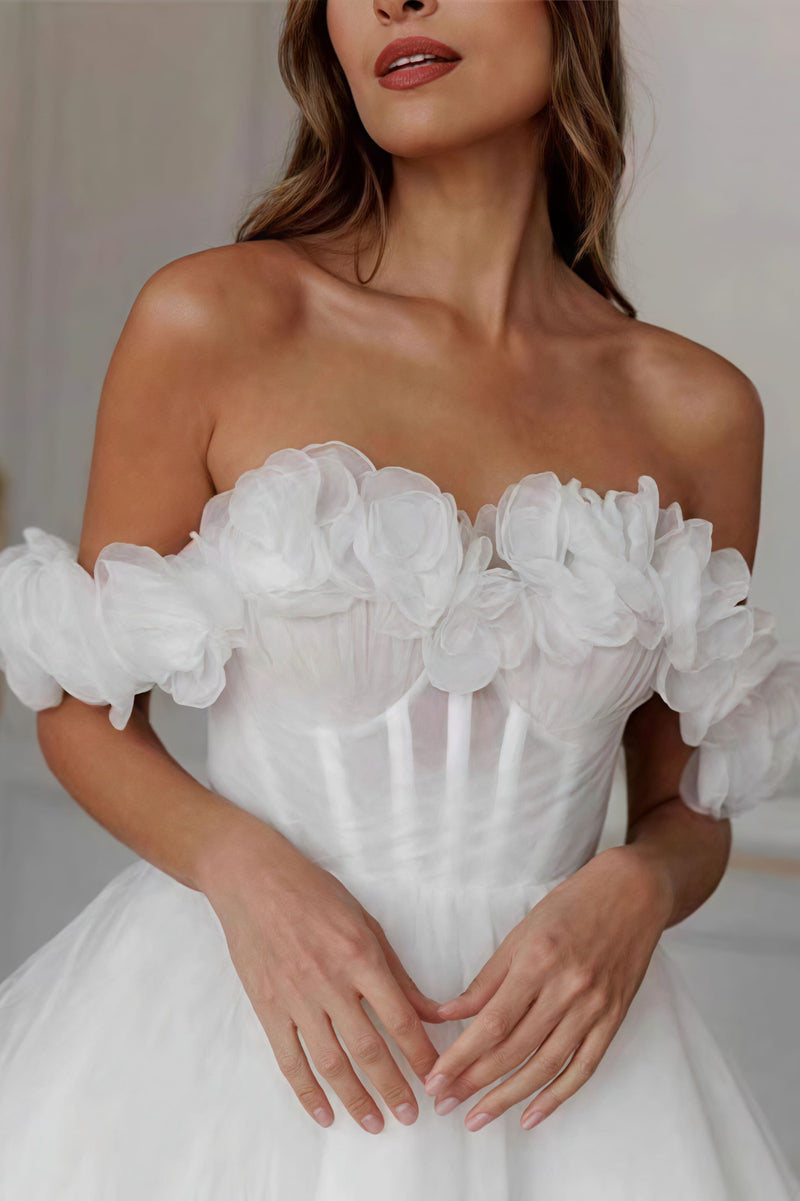 Elegant Off Shoulder Flower Boned Tulle Reception Dress