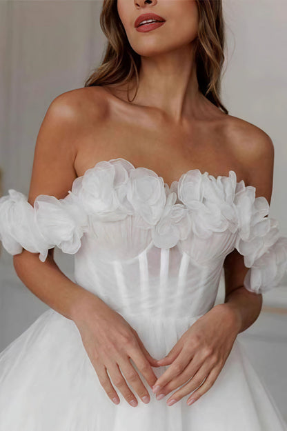 Elegant Off Shoulder Flower Boned Tulle Reception Dress